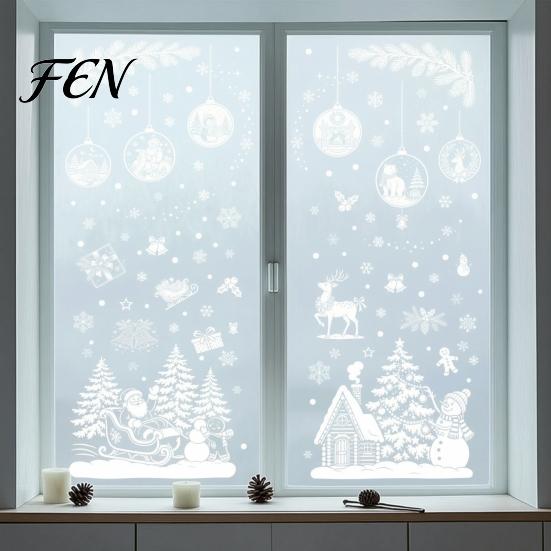 Christmas Reindeer Decals 9 Sheets Static Window Stickers, Reusable Snowflake Santa Claus Holiday Stickers for Glass Decoration, Snow Scene PVC Clings