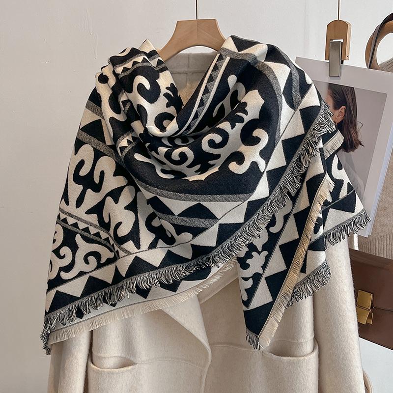 Women'S Luxury Winter Cashmere Scarf - Tasseled Damask Printed Pashmina Shawl, Warm Wrap & Foulard Poncho