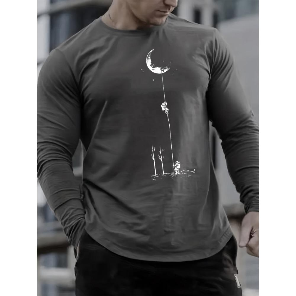 

Men s Casual Sports Landing Moon Pattern Printed Round Neck Long Sleeved T-shirt Top XL