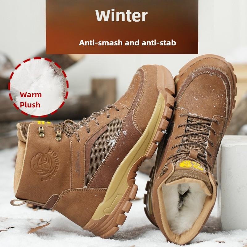warm plush safety shoes for winter high plastic toe work boots cold-resistant smash-proof puncture-proof man non slip work shoes