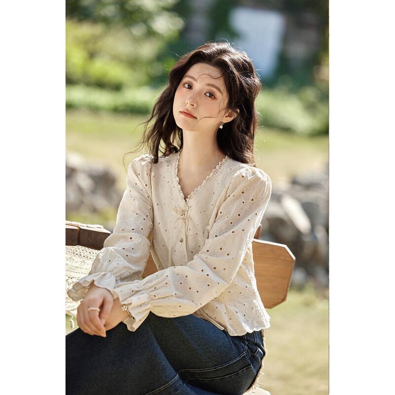 Mixiu French Retro 100% Cotton Lace-up Blouse L