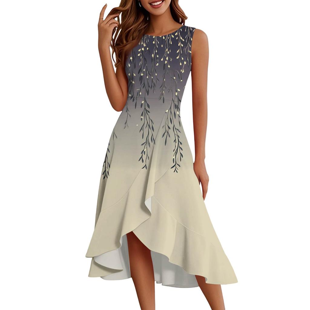 Damenmode Lässig Reißverschluss Ärmellos Rundhals Bedruckt Elegant Temperament Rüschenkleid Kleider