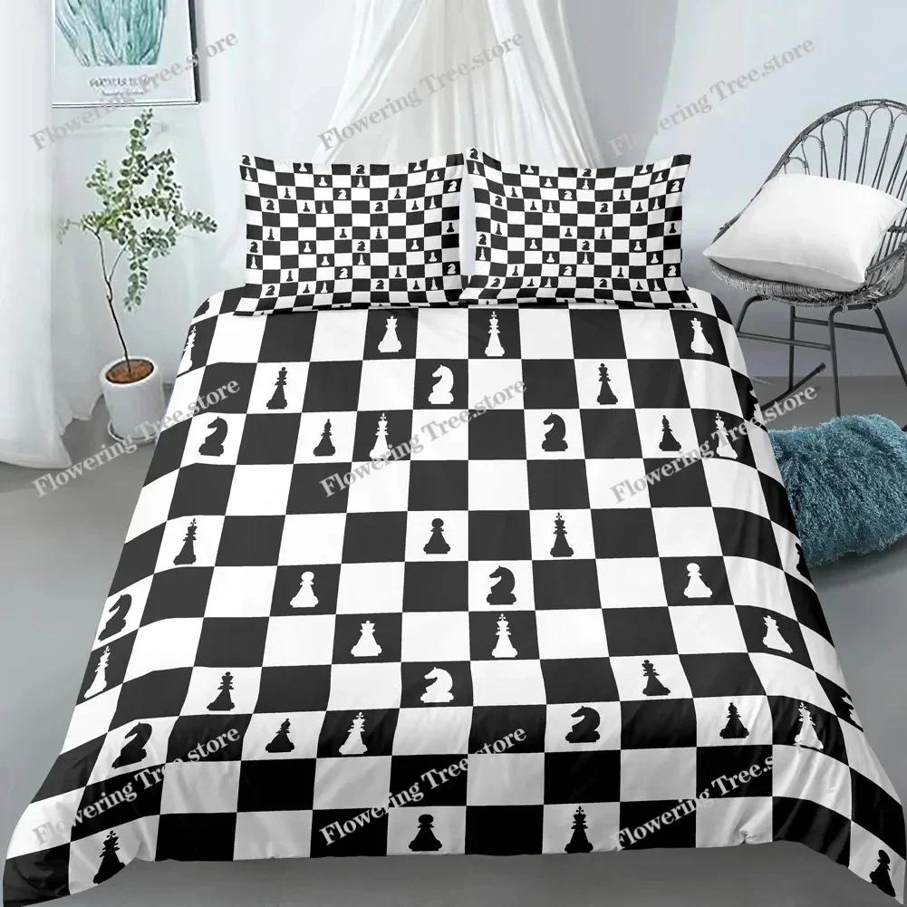 Juego de funda de edredón con tablero de ajedrez con estampado 3D, juego de cama de poliéster para niños, niñas y niños en blanco y negro