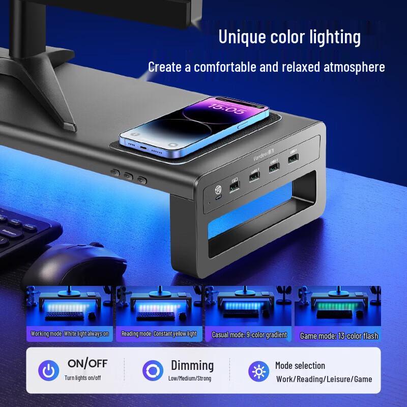 Monitor Riser with RGB Lighting and Wireless Fast Charging
