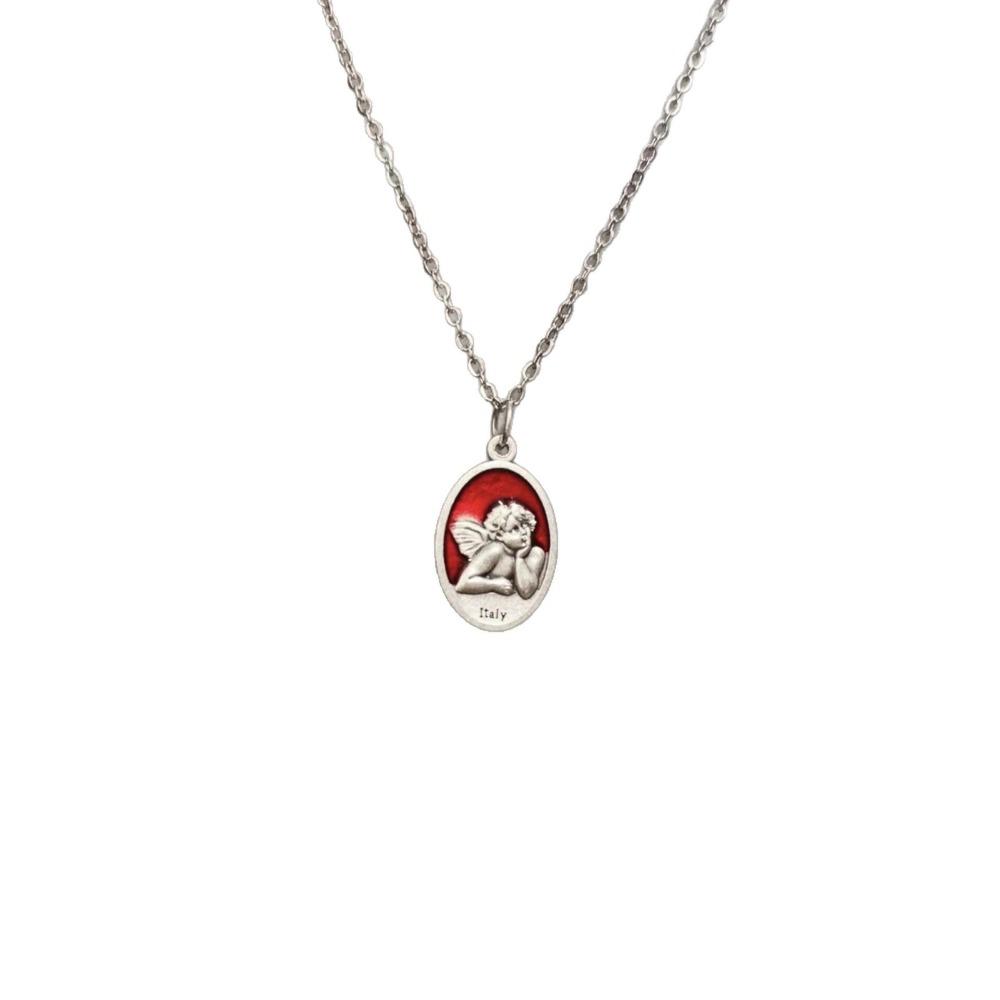 Exquisite Gothic Red Drip Glaze Sliver Color Geometry Oval Double-sided Angel Pendant Necklace for Women Jewelry Accessory Gifts