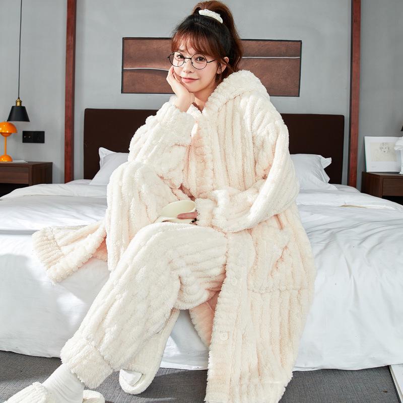 Women's Thickened Flannel Pajama Set - Coral Fleece Long Robe for Autumn/Winter