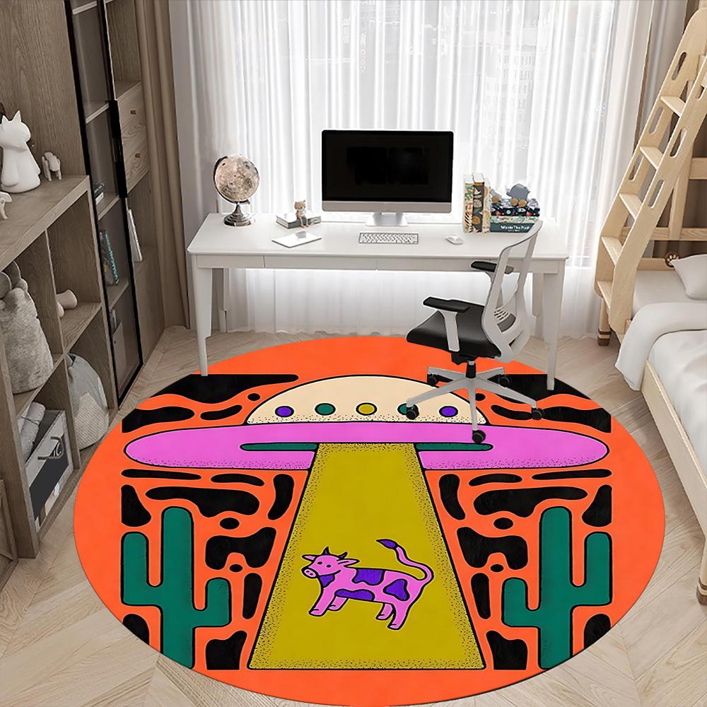 1pc UFO Cow Office Round Area Rug, Indoor Mat Suitable For Office, Under Office Chairs Bedroom Living Room Home Decor, Room Deco