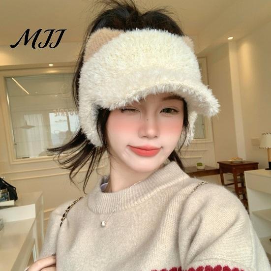 Thoughtful Gift for Besties Winter Visor Cap with Ear Flaps, Plush Beanies Brim, Open Top, Outdoor Sports Headwear Cute Cat Ears Warm Ponytail