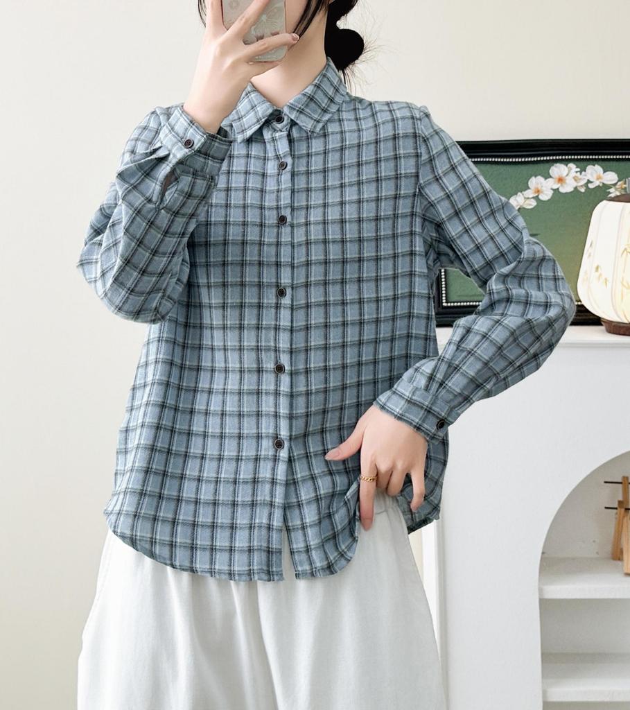 Women's 2026 Early Spring Brushed Cotton Plaid Shirt - Korean Retro Hong Kong Style, Long Sleeve, Niche, Lazy Chic