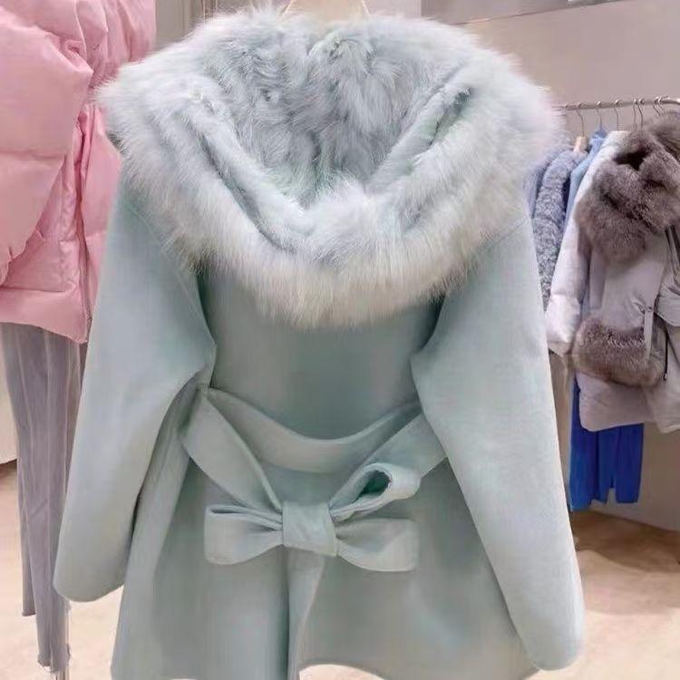 Rosa Kapuzenmantel Damen Herbst Winter Wollmantel Pelzmantel Duftender Wind Hochwertig Leicht Kurz Kragen