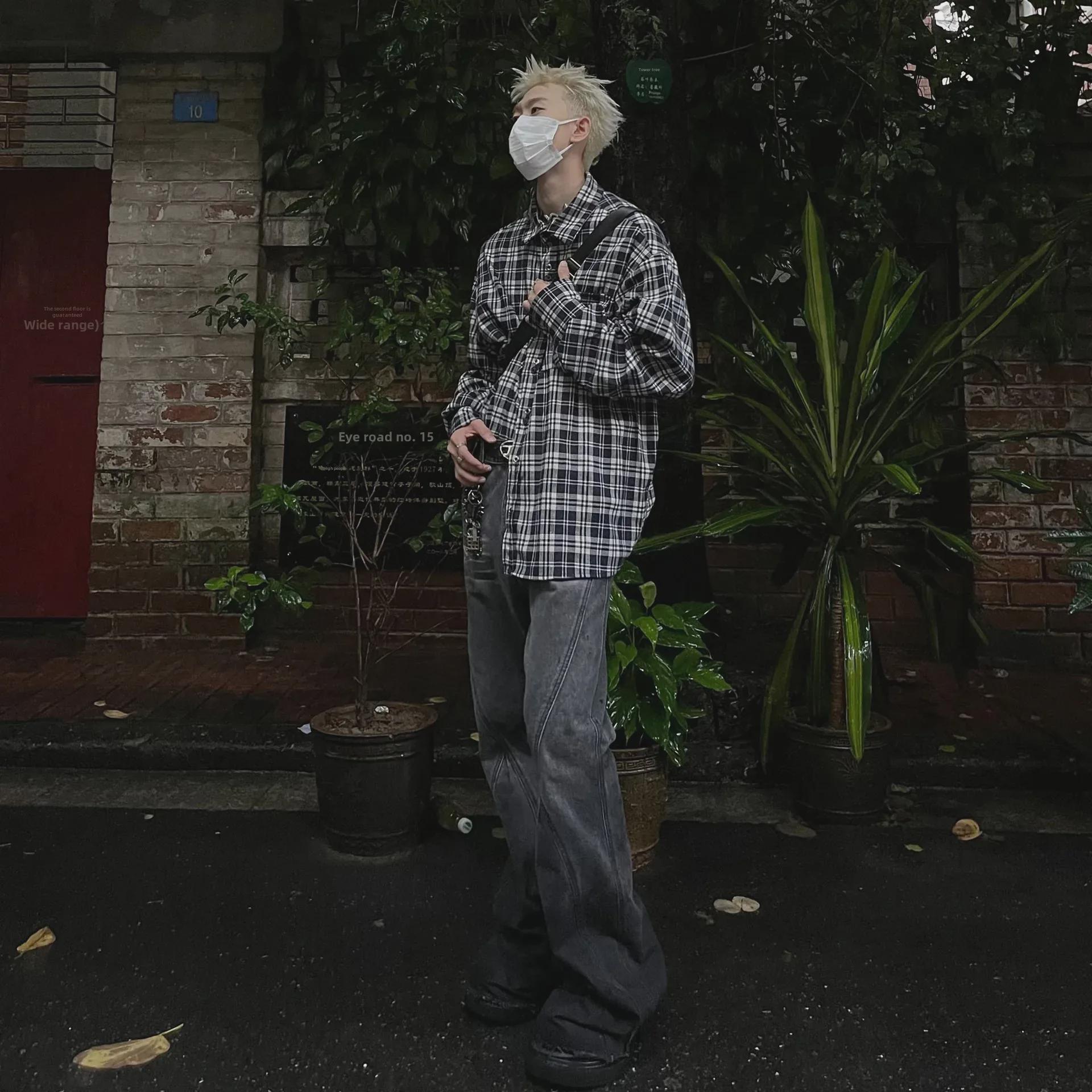 

Мужская черно-белая клетчатая рубашка — свободная, повседневная, стиль весна/осень XL чёрный