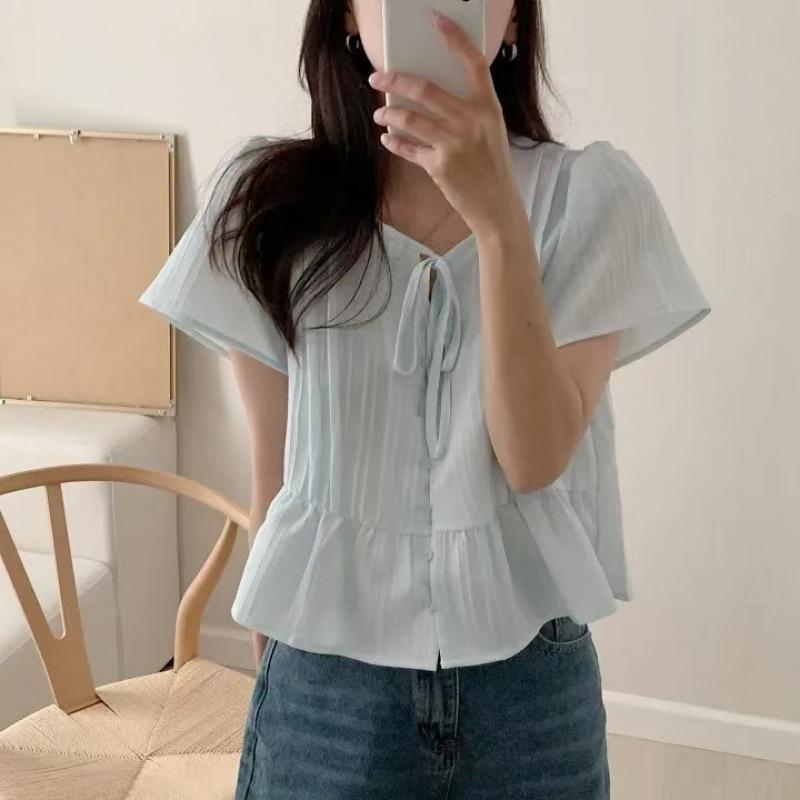 

Summer Simple Slimming Lace Up Women s Top Commute Loose Fit Short Sleeved Shirts XXL синій