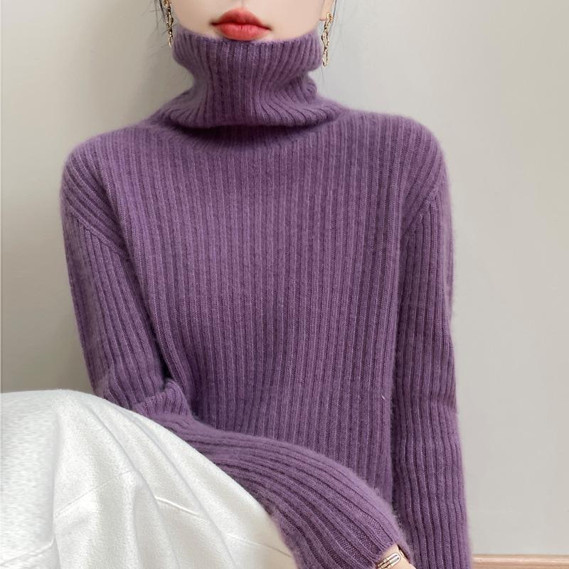 2025 Autumn/Winter High-Neck Pure Wool Ribbed Knitwear Loose Pullover Base Layer