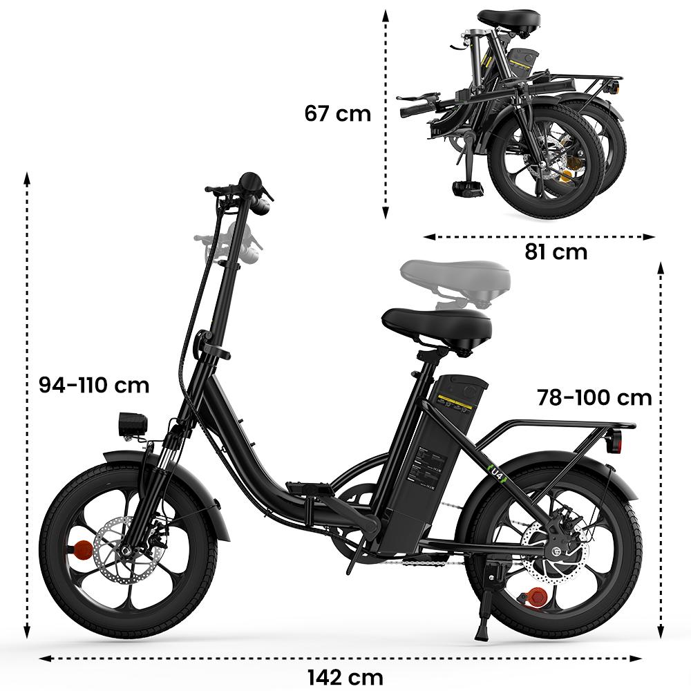 U4 Electric Bike 10.4Ah Battery 25KM/H Max Speed Front Suspension Disc Brake 3-Speed Modes 55+ Miles Range Compact Electric Bicycle with 16'' Tires