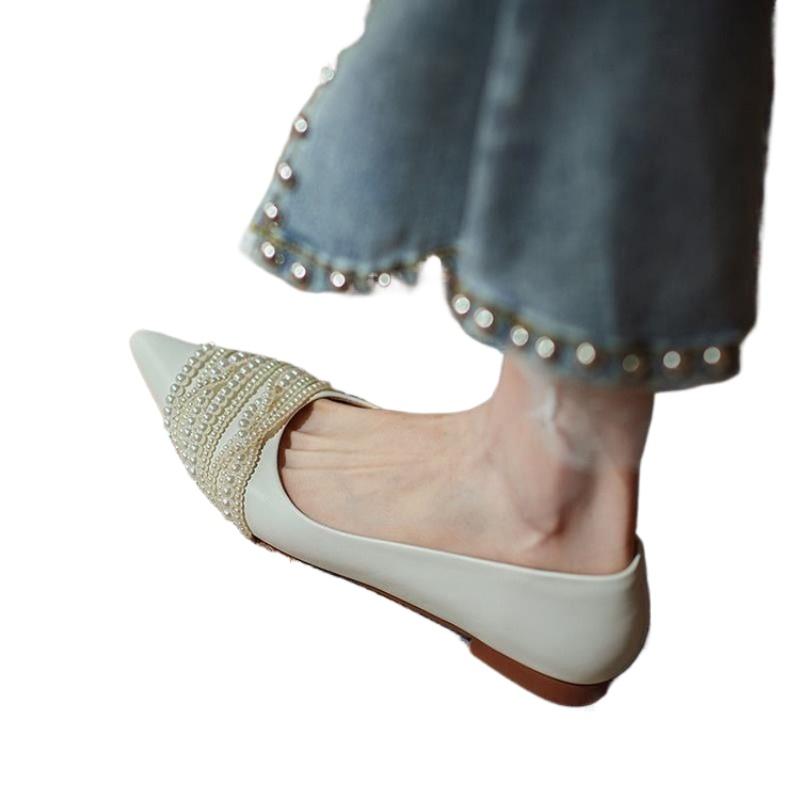 Fashion Hot Selling Spring  Pearl Beads Decorated Pointed Toe Shallow Mouth Breathable Casual Women's Shoes 2025 New Elegant Flat Shoes