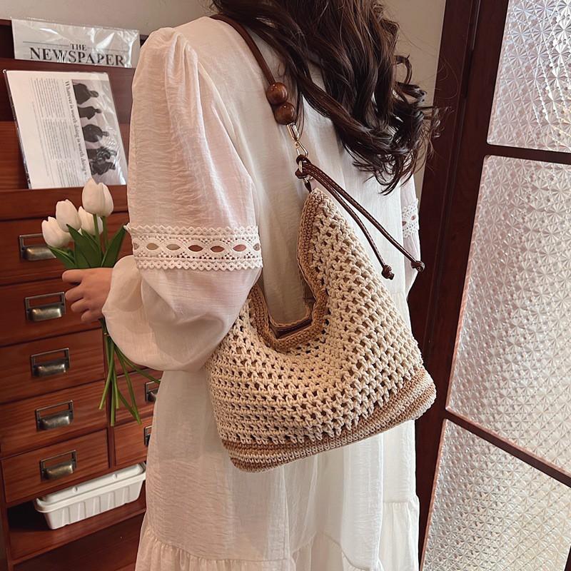 Womens Straw Woven Tote Bag With Cutout Design Casual Shoulder Beach Travel Daily Use