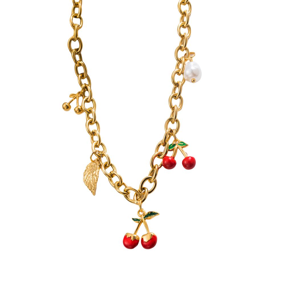 Stylish Titanium Steel Cherry Strawberry Pendant Necklace Adjustable Chain Lightweight Design Perfect For Daily Wear