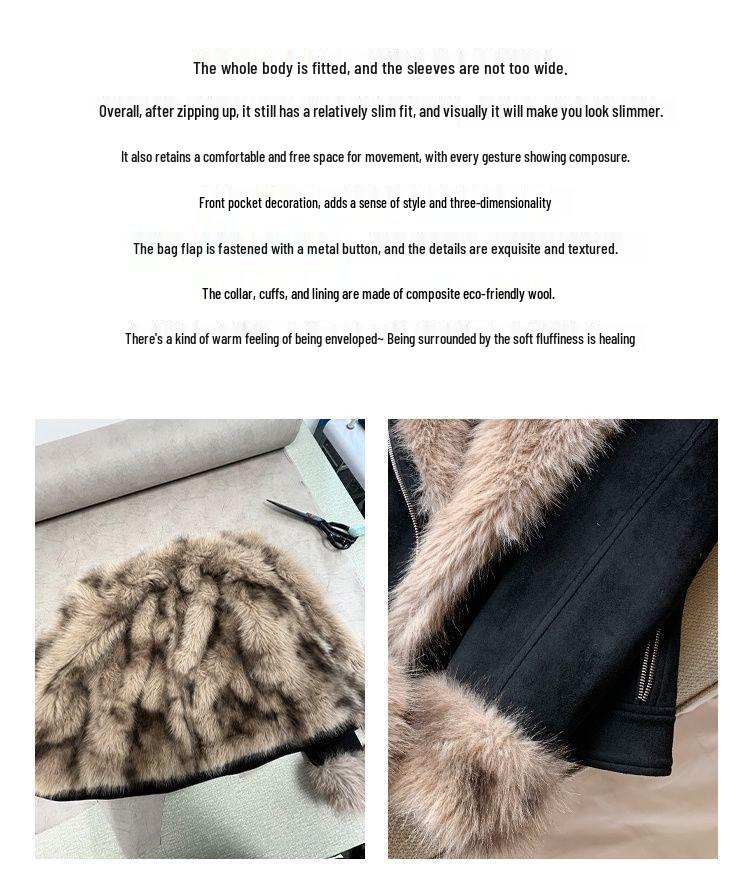 Women's Black Shearling Fur Collar Short Slim Fit Biker Jacket - Autumn/Winter Thickened Coat