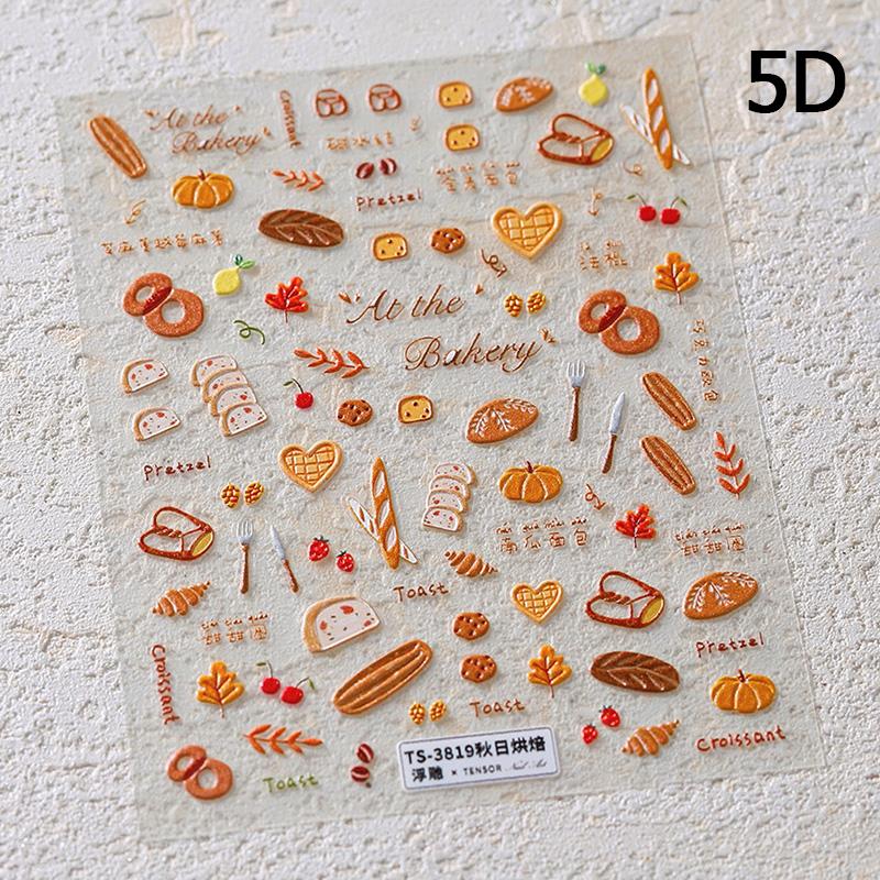 Cartoon Cute Bear Pudding Pretzel Bread Croissant Cookies Shiny 3D Self Adhesive Nail Art Stickers Bakery Lovely Manicure Decals