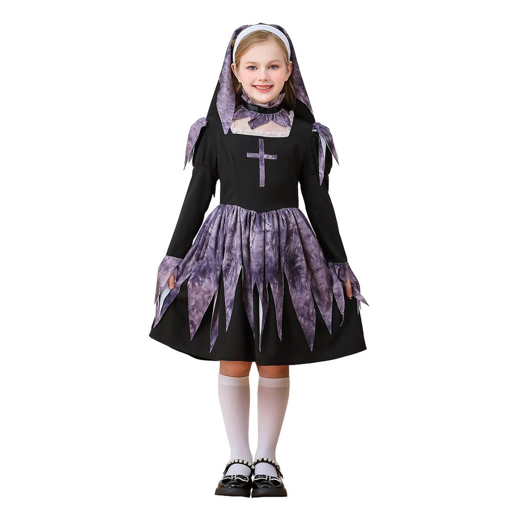 Halloween Style Cross Children's Fashion Dress Children's Products Girls Skirt Color Matching Long Sleeve Dress Cosplay Dress Up