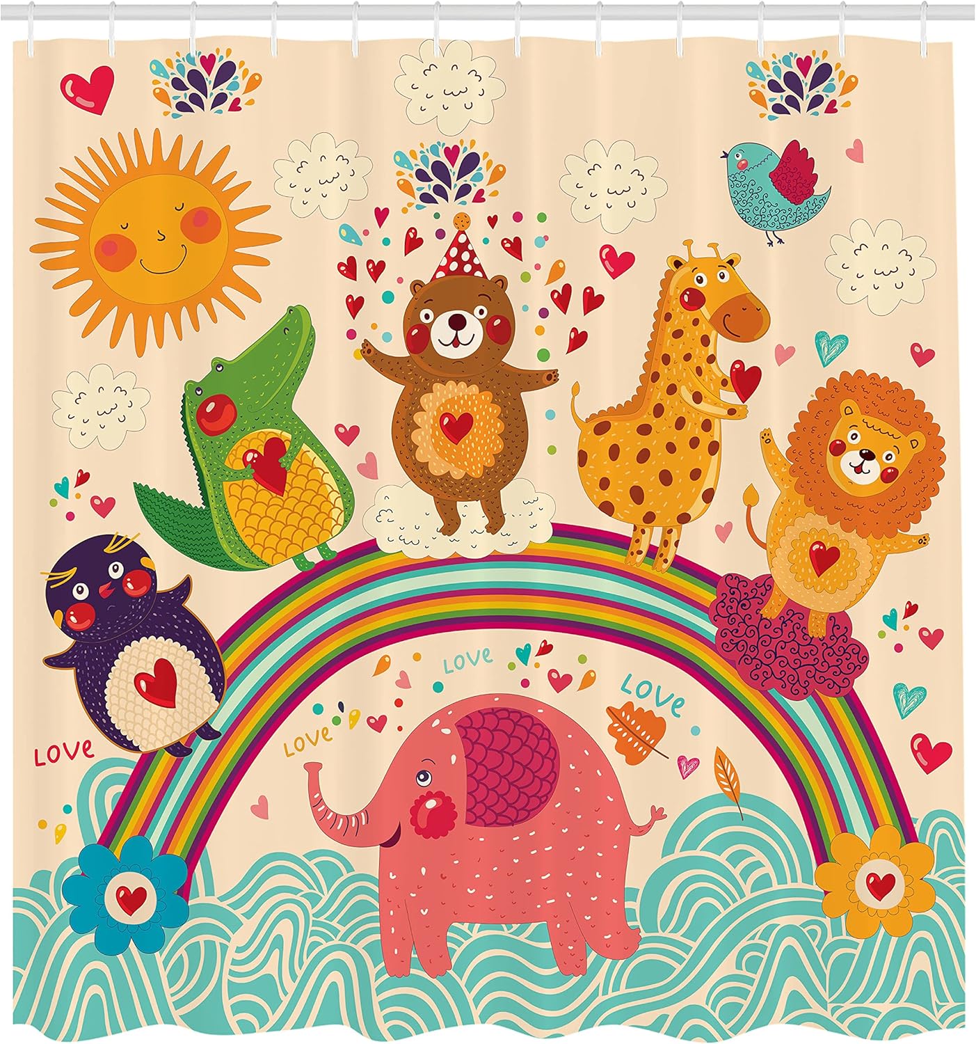 

Cartoon Shower Curtain with Hooks – Happy Animals on Rainbow, Kids Bathroom Decor with Bear, Lion & Crocodile 90x180cm35x71in