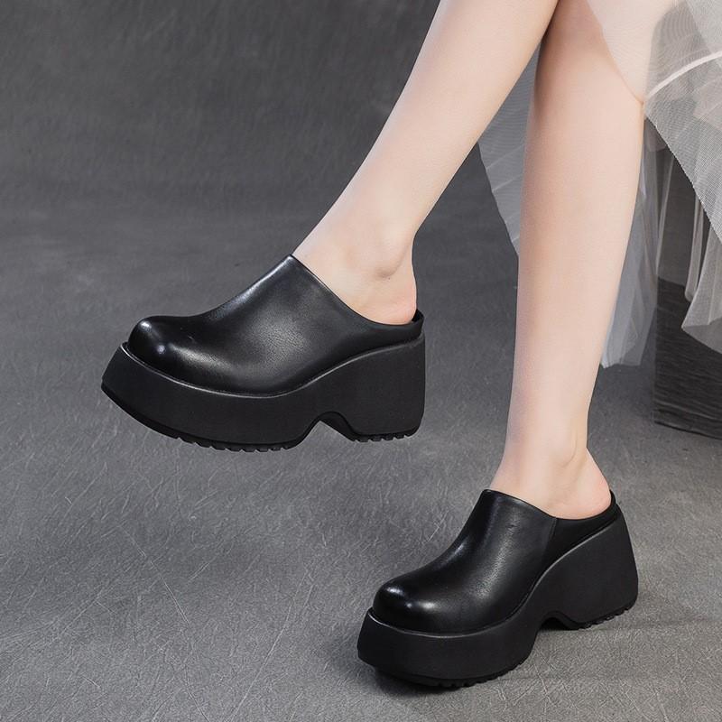 Johnature Thick Soled Wedges Slippers Retro Genuine Leather Solid Color Women's Platform Shoes