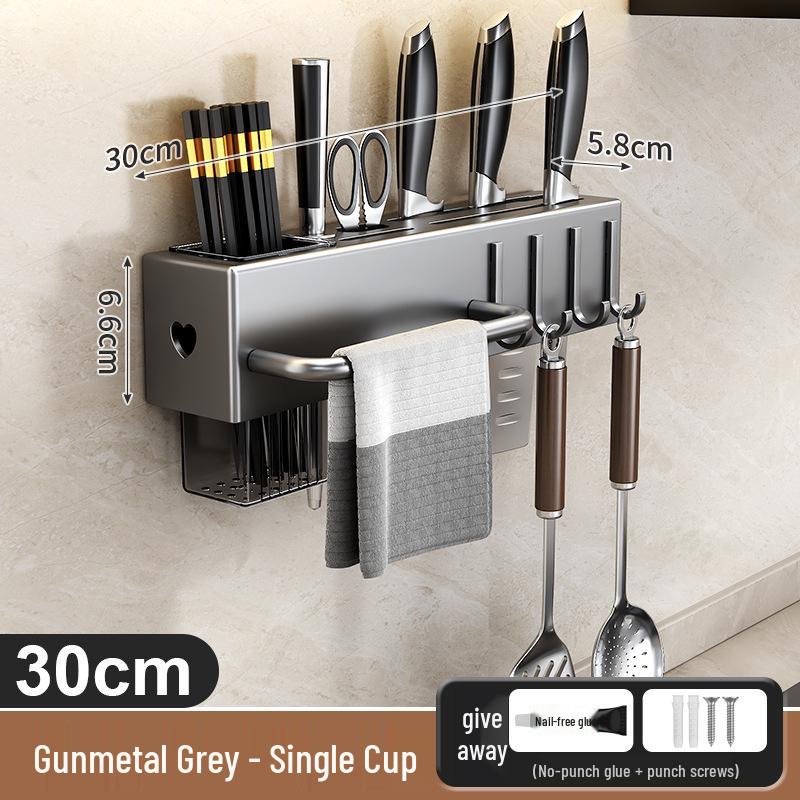 Wall-Mounted Kitchen Knife & Chopstick Storage Rack with Hooks (Punch-Free)