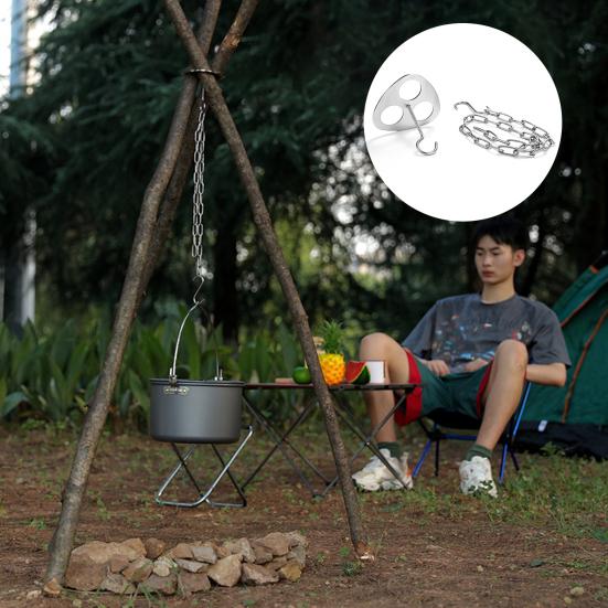 Portable Picnic Tripod Stand Stainless Steel Camping Tripod Lashing Set with Hooks Chain Hanging Pot Rack