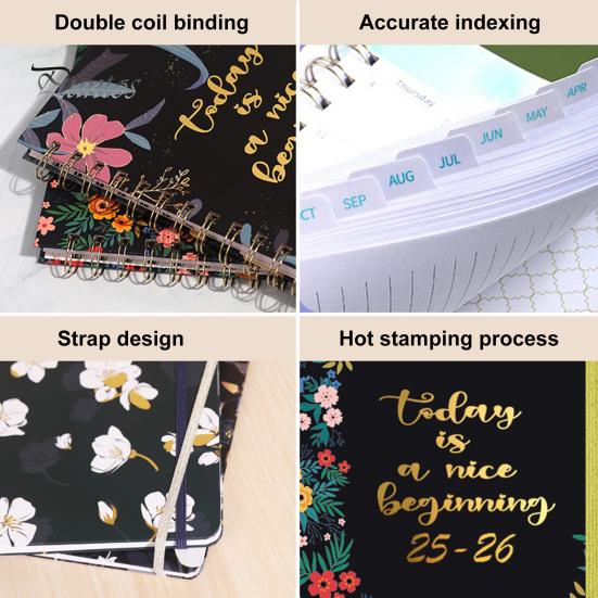 Planer 2025–2026, Juli 2025 – Juni 2026, 12 Monate, Tages-, Wochen- und Monatsplaner, Notizbuch mit Blumendruck und Spiralbindung für Zuhause, Büro und Schule