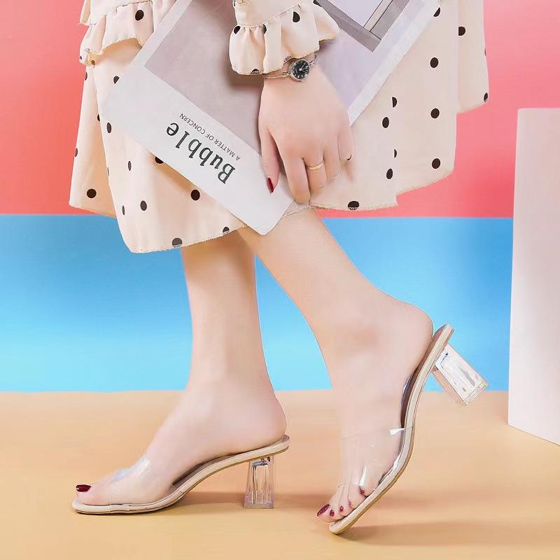 Popular  Crystal Clear Transparent Heel Slippers Female Shoes Middle Heels Comfortable New Summer Women Popular Mules Slides 42