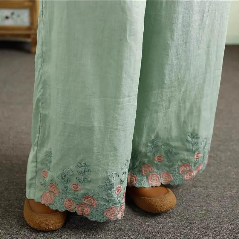 Pants Women Hemp Embroidery Casual Solid Color Loose Big Size Wide Leg Pants