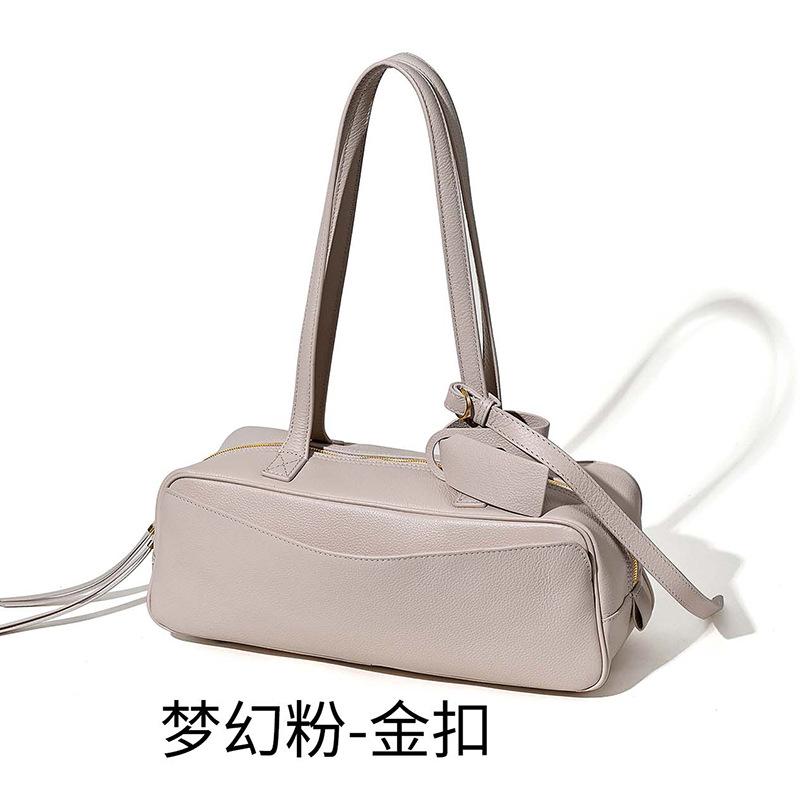 New Bowling Bag Simple and Fashionable First Layer Cowhide Messenger Women's Bag Baguette Bag