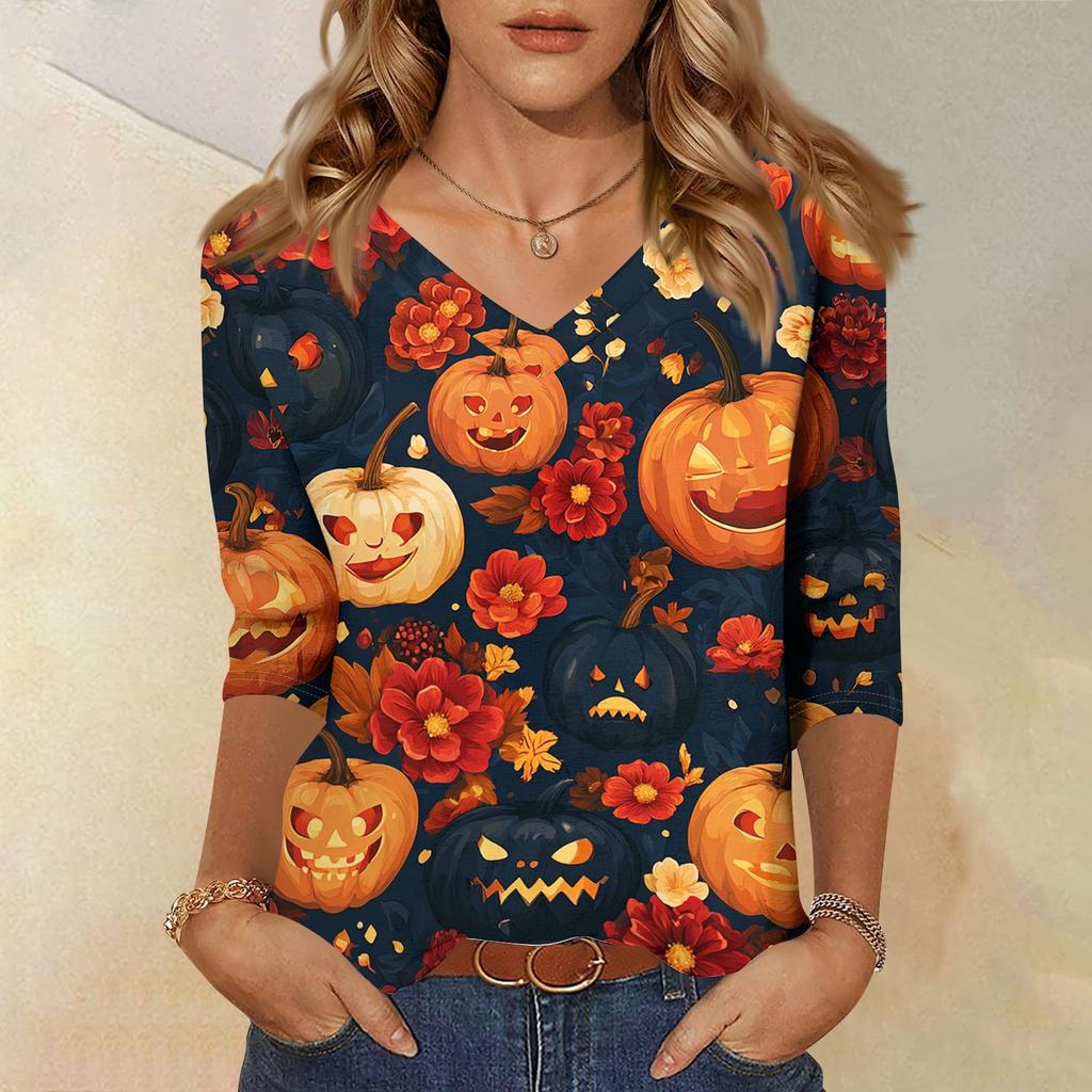 Women's Casual Halloween Print V Neck Three Quarter Sleeve Top Lightweight Soft Fabric Comfortable Fit Stylish Fall Shirt