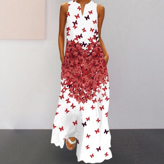 Summer Dress V-neck Sleeveless Floral Print Loose Hem Full Length Dressing Up Thin Women Floral Print A-Line Vest Maxi Dress Daily Clothing
