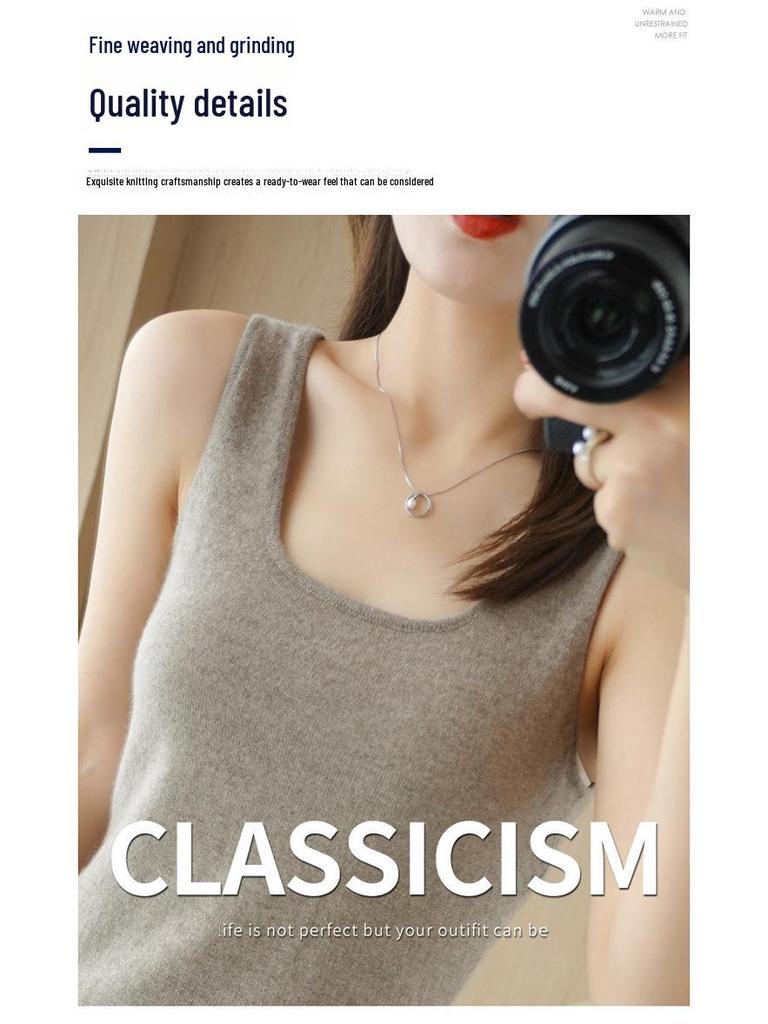 Canottina a Maglia da Donna Scollo a U Vestibilità Aderente per Indossare da Sola o Sotto, Autunno/Inverno