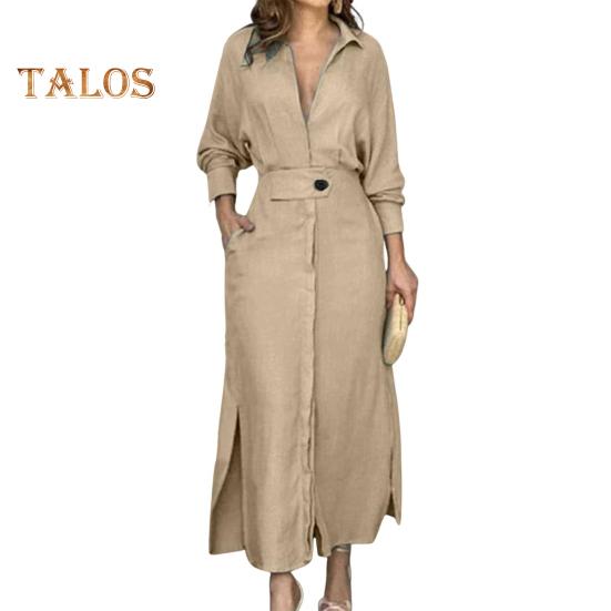 

Осенне-весеннее женское платье с тонкой талией и длинными рукавами, однотонное платье с отворотом и v-образным вырезом, однотонное платье макси для свиданий L абрикосовый