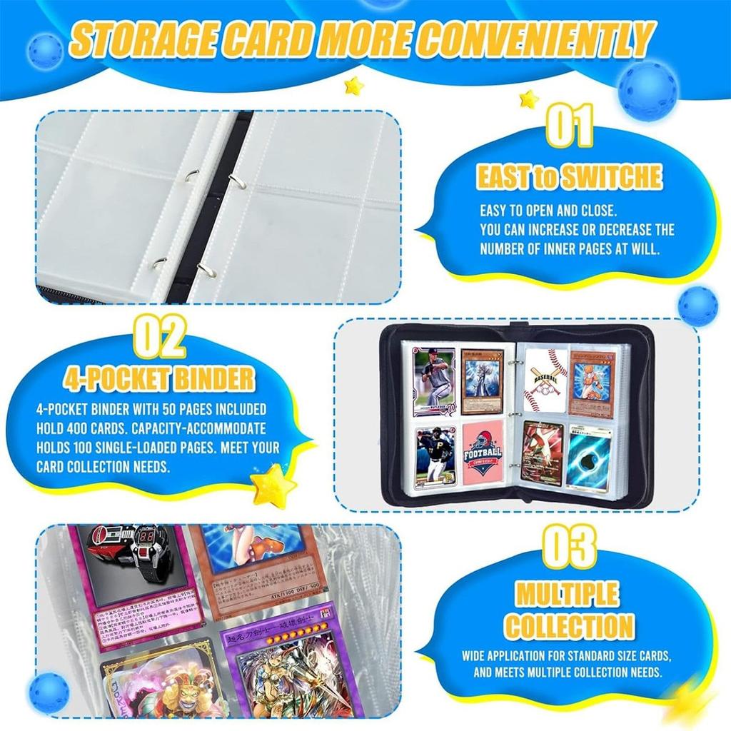 Card Album 4 Compartments, 400 Slots, with Handle, YOUKUKE Trading Card Binder