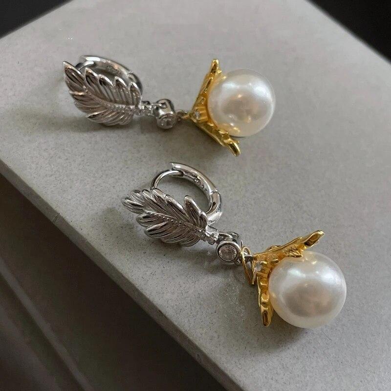ANENJERY 2023 neue Trend Perle Blatt Hoop Ohrringe für Frauen Vintage Frence Stil Handgemachte Persönlichkeit Ohrringe Schmuck