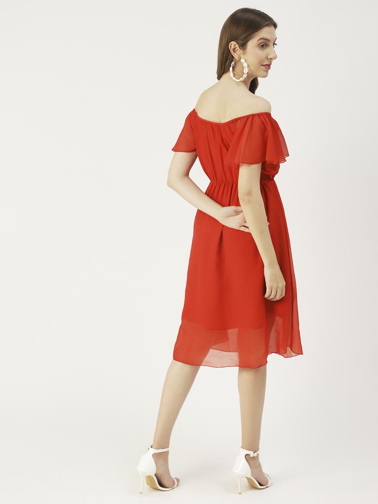 Moomaya Printed Off-Shoulder Poly Georgette Midi Dress Cinched Long Dress