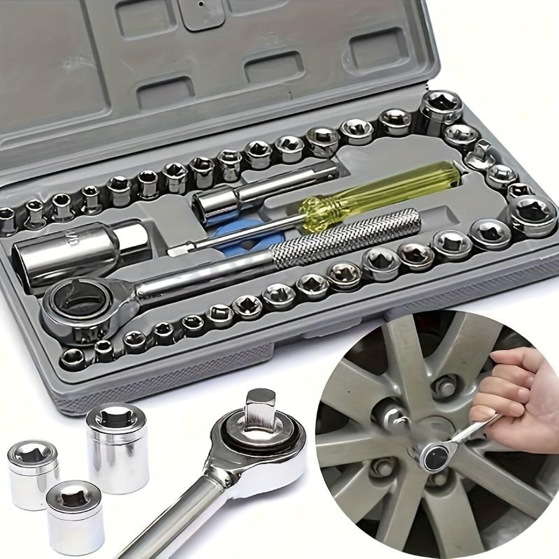 40pcs Automotive Supplies Car Tool Box Socket Wrench Manual Tool Combination Repair Tool Kit.