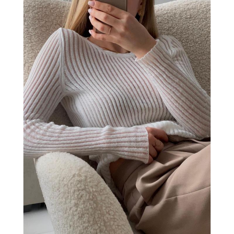 Women's Skeleton Knit Spring Autumn Sexy Slim Round Neck Long Sleeve Thin Pit Stripe Knit Sweater
