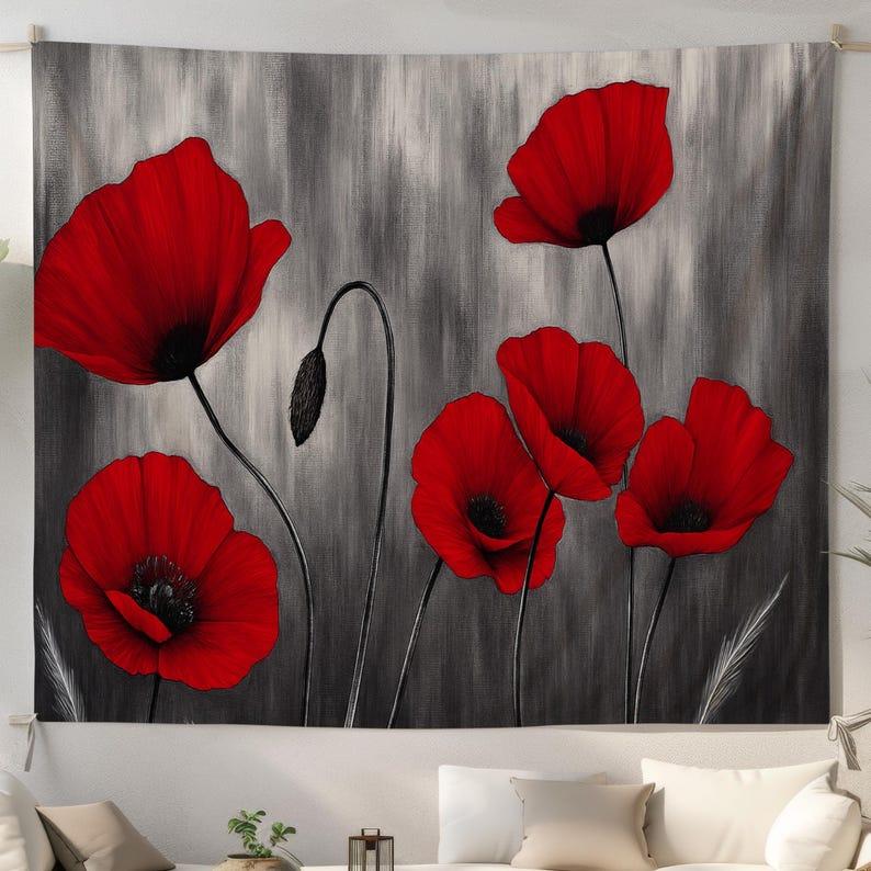 Gray poppy flowers tapestry 75x100 чёрный