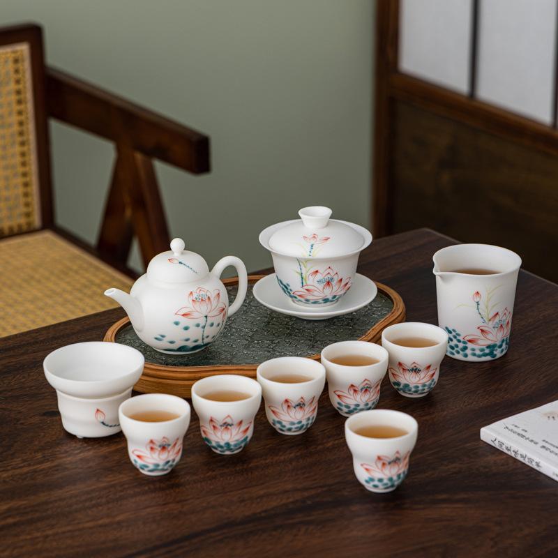 White Pottery Hand-painted Plain-fired Suet Jade Porcelain Tea Set Business Company Annual Meeting High-end Gifts