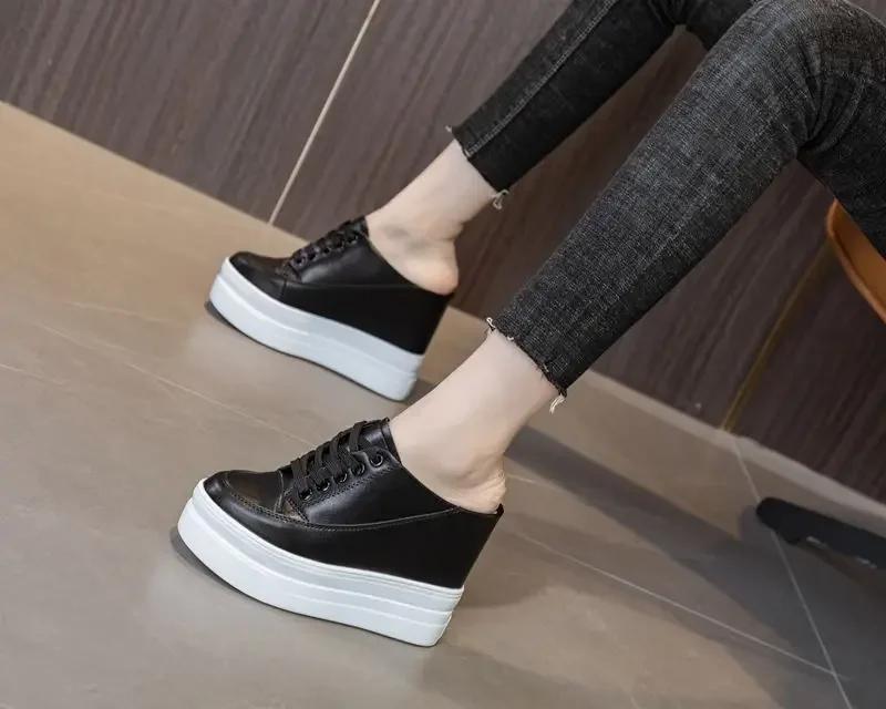 11cm Genuine Leather Fashion Height Increasing Females Lady Casual Platform Wedge Women Slip On Shoe Summer