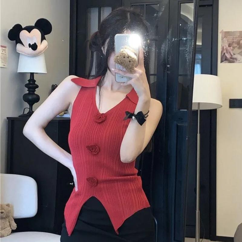Summer New Three-dimensional Flower Slit Sleeveless Vest Sweet Knitted Sweater Top for Women