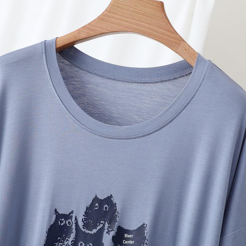 Korean Style Cat Print Slimming Plus Size Casual Home Dress for Women