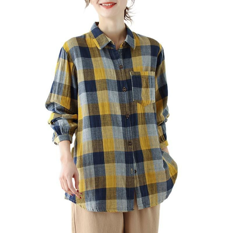 Long Sleeve Lapel Button Down Chest Pocket Shirt Women Art Retro Loose Double-layer Cotton Yarn Plaid Shirts Top for Women