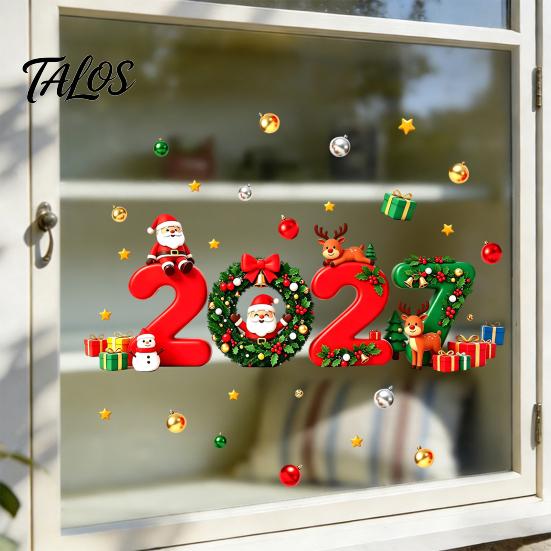 Floor To Ceiling Window Decor 2027 Christmas New Year Clings, Santa Reindeer Gift Ball Static Easy Installation Stickers Decals, PVC Removable