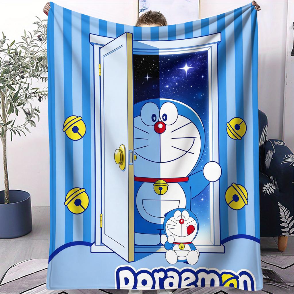 Doraemon Logo Pattern Fleece Blanket, Blue White Round Face with Red Nose Soft Throw, Cozy Couch Blanket for Kids Room