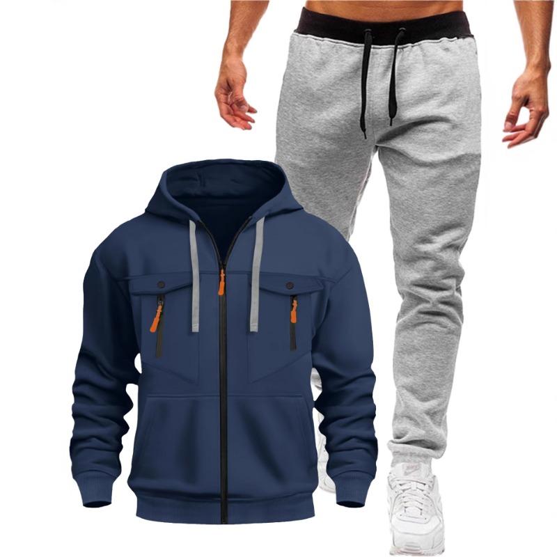 Herren Kapuzen Langarm Reißverschluss Freizeitanzug Colorblock Taille Schwarz Hose Jogginganzug